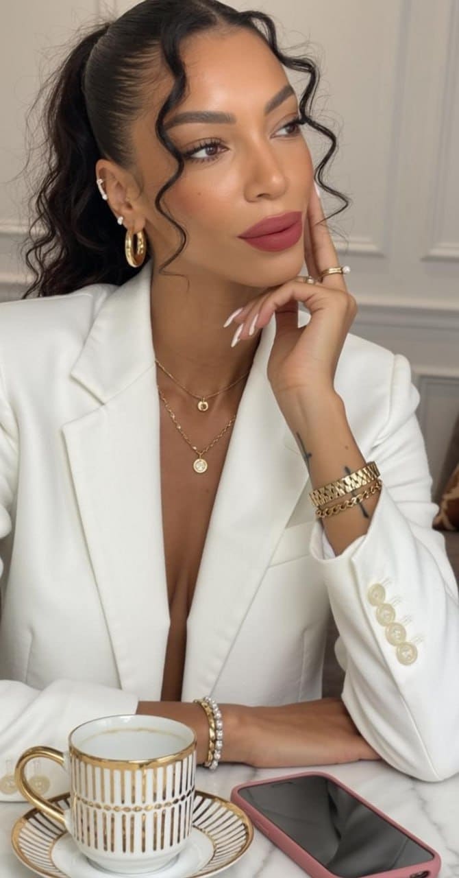 Luna sits at a marble table in a white blazer, resting her chin on her hand with a coffee cup and phone nearby.