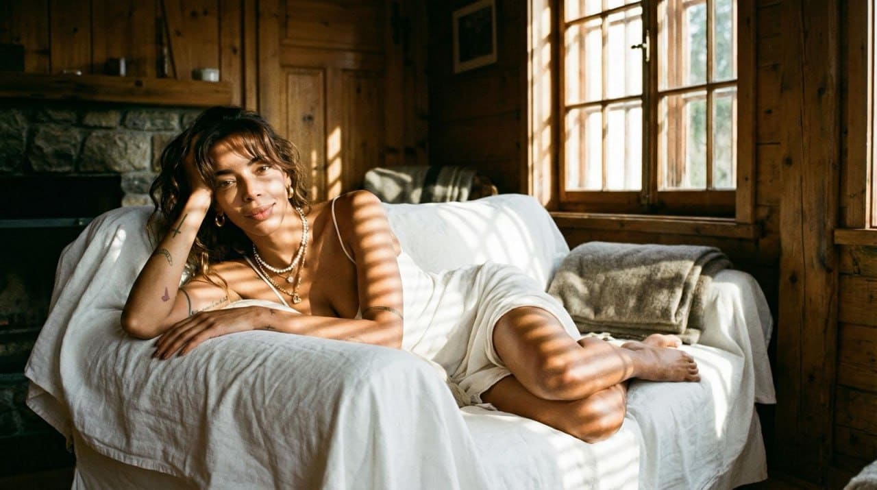 Reclining on a white sofa in a wooden room, she wears a short white slip dress and necklaces, with bare legs visible.